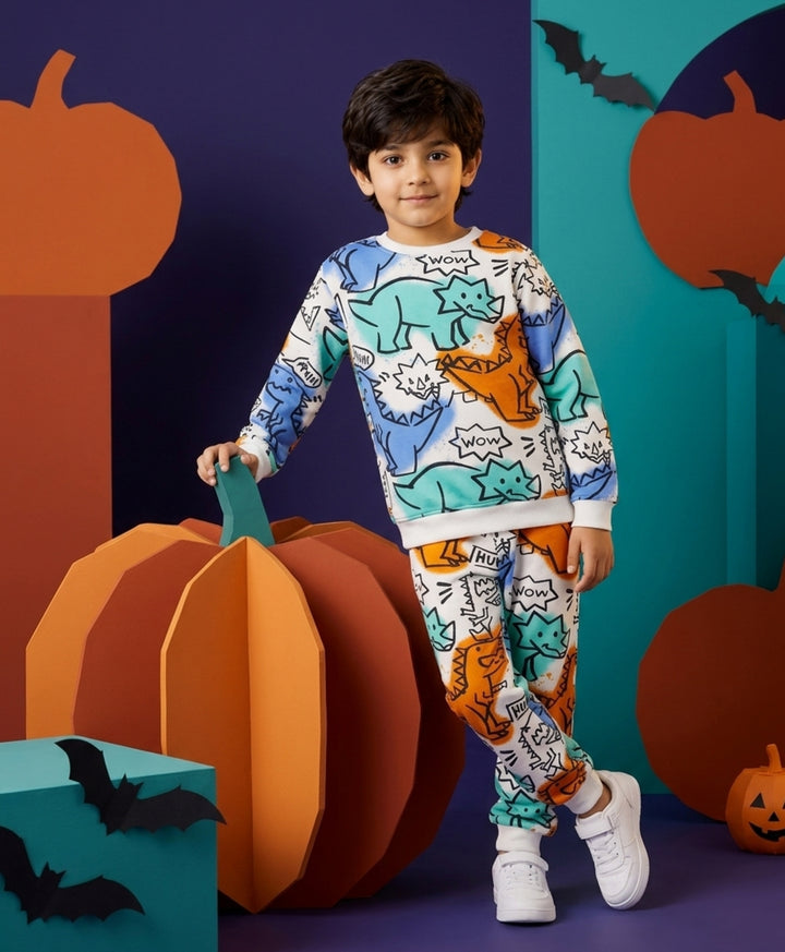 DINOSAUR WOW FLEECE SWEATSHIRT JOGGER SET - WHITE