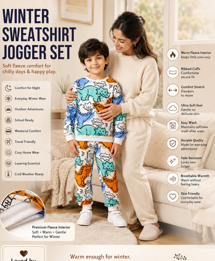 DINOSAUR WOW FLEECE SWEATSHIRT JOGGER SET - WHITE