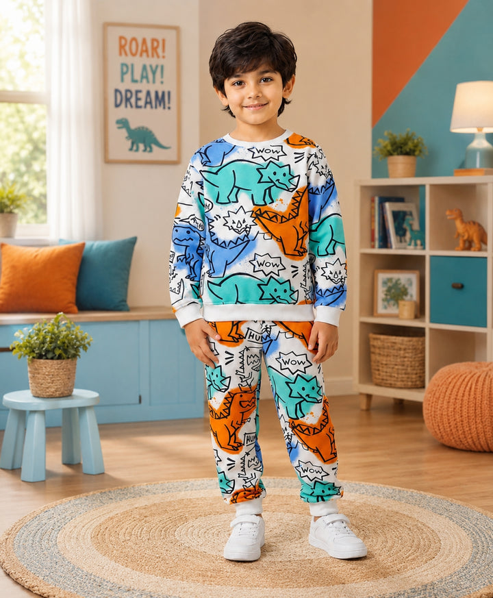 DINOSAUR WOW FLEECE SWEATSHIRT JOGGER SET - WHITE