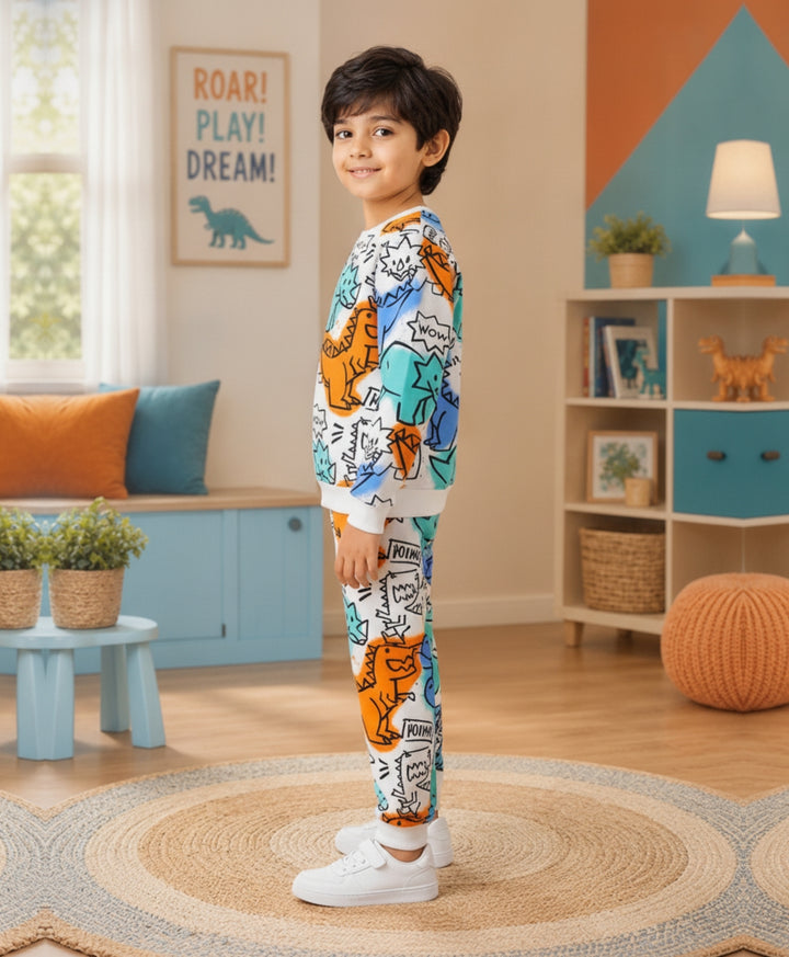 DINOSAUR WOW FLEECE SWEATSHIRT JOGGER SET - WHITE