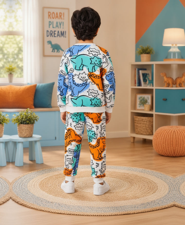DINOSAUR WOW FLEECE SWEATSHIRT JOGGER SET - WHITE