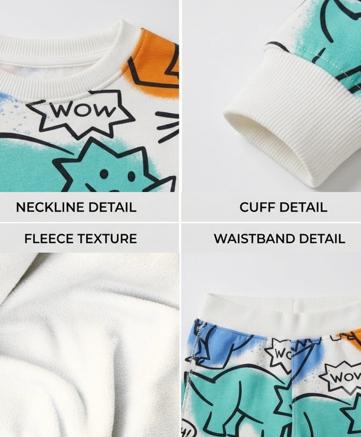 DINOSAUR WOW FLEECE SWEATSHIRT JOGGER SET - WHITE