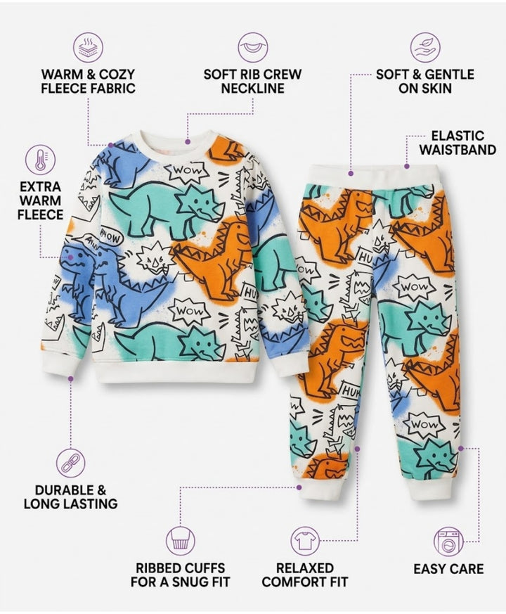 DINOSAUR WOW FLEECE SWEATSHIRT JOGGER SET - WHITE