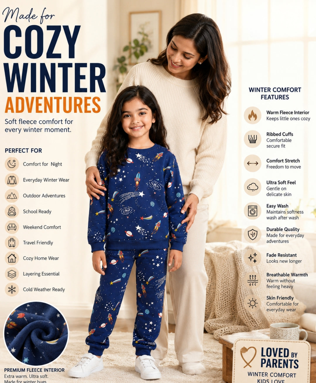 SOLAR DREAMS GIRLS FLEECE SWEATSHIRT JOGGER SET - NAVY