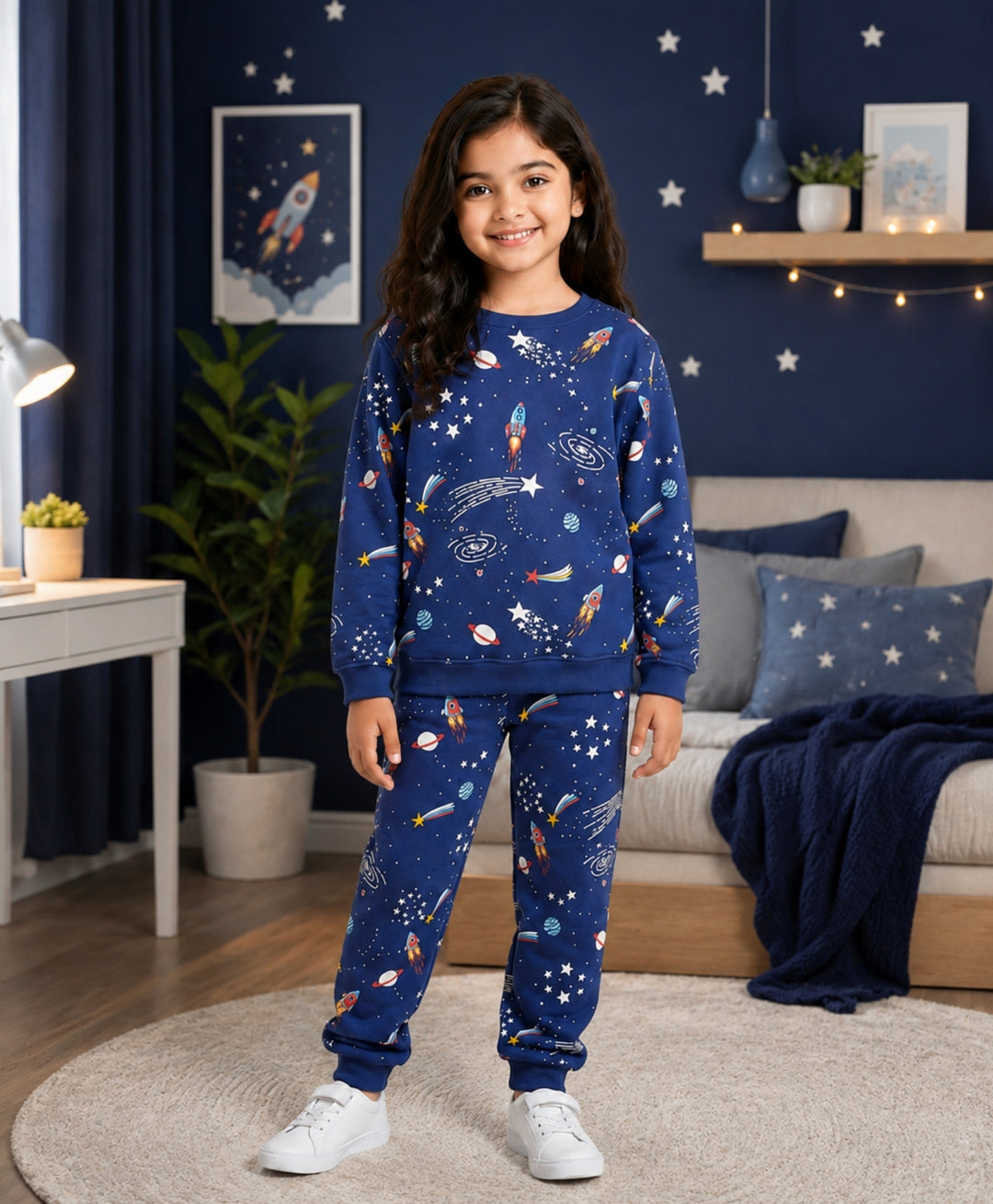 SOLAR DREAMS GIRLS FLEECE SWEATSHIRT JOGGER SET - NAVY