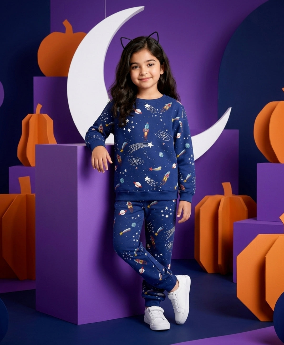 SOLAR DREAMS GIRLS FLEECE SWEATSHIRT JOGGER SET - NAVY