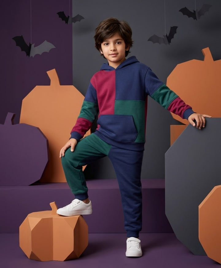 NAVY MEHROON GREEN BOYS FLEECE HOODIE JOGGER SET - NAVY