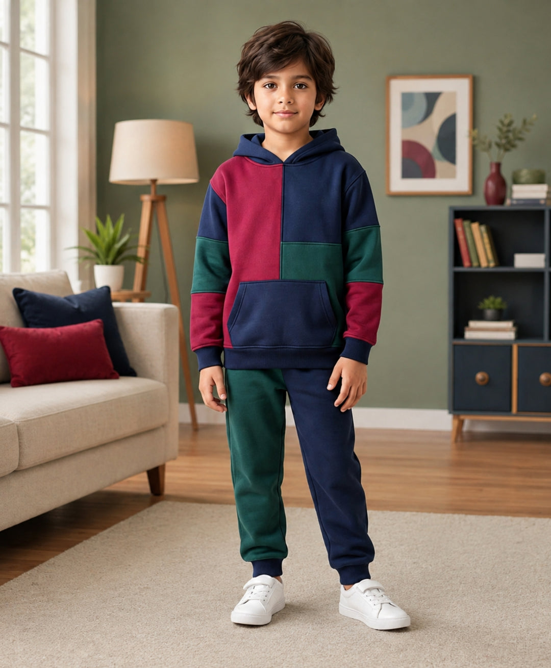 NAVY MEHROON GREEN BOYS FLEECE HOODIE JOGGER SET - NAVY
