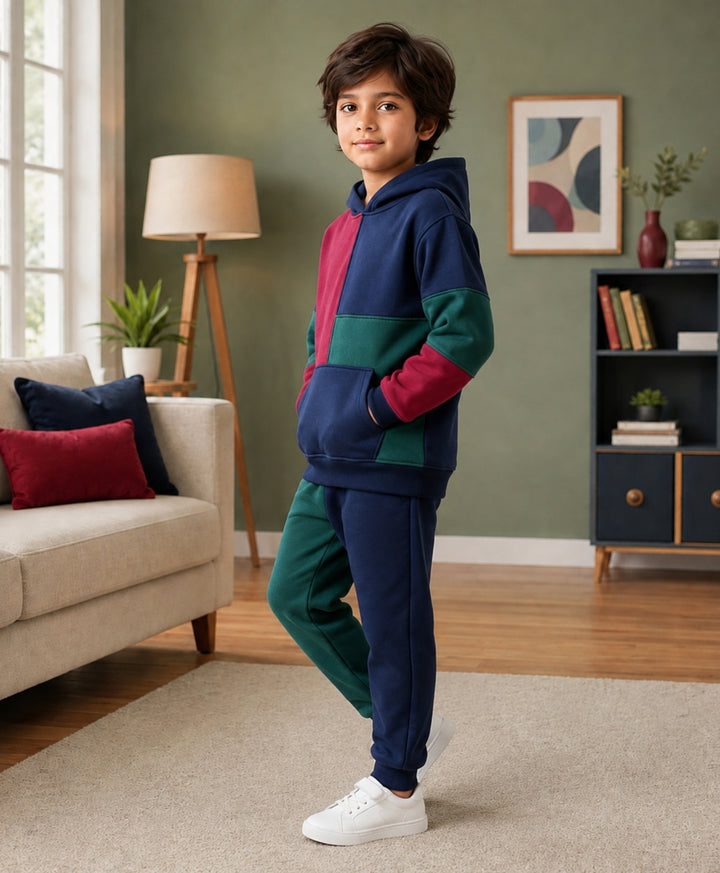 NAVY MEHROON GREEN BOYS FLEECE HOODIE JOGGER SET - NAVY