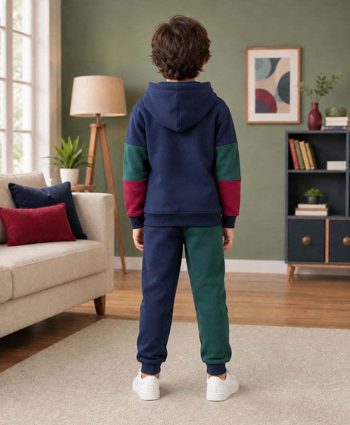 NAVY MEHROON GREEN BOYS FLEECE HOODIE JOGGER SET - NAVY