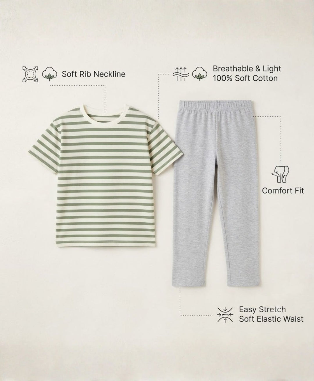 GREEN WHITE GREY MELANGE BOYS SHORT SLEEVE PYJMAA SET - GREEN/GREY