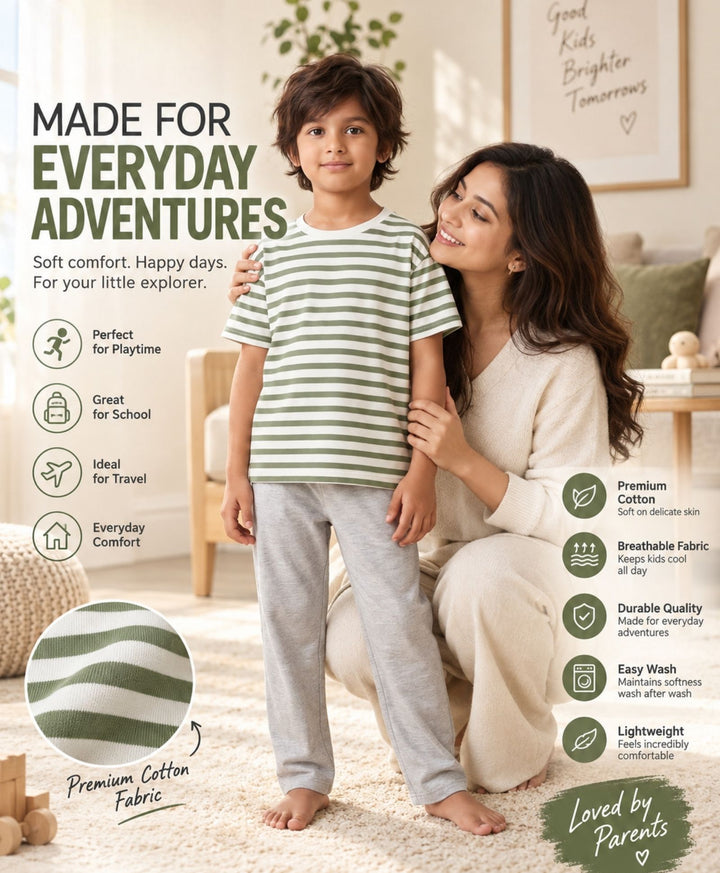 GREEN WHITE GREY MELANGE BOYS SHORT SLEEVE PYJMAA SET - GREEN/GREY