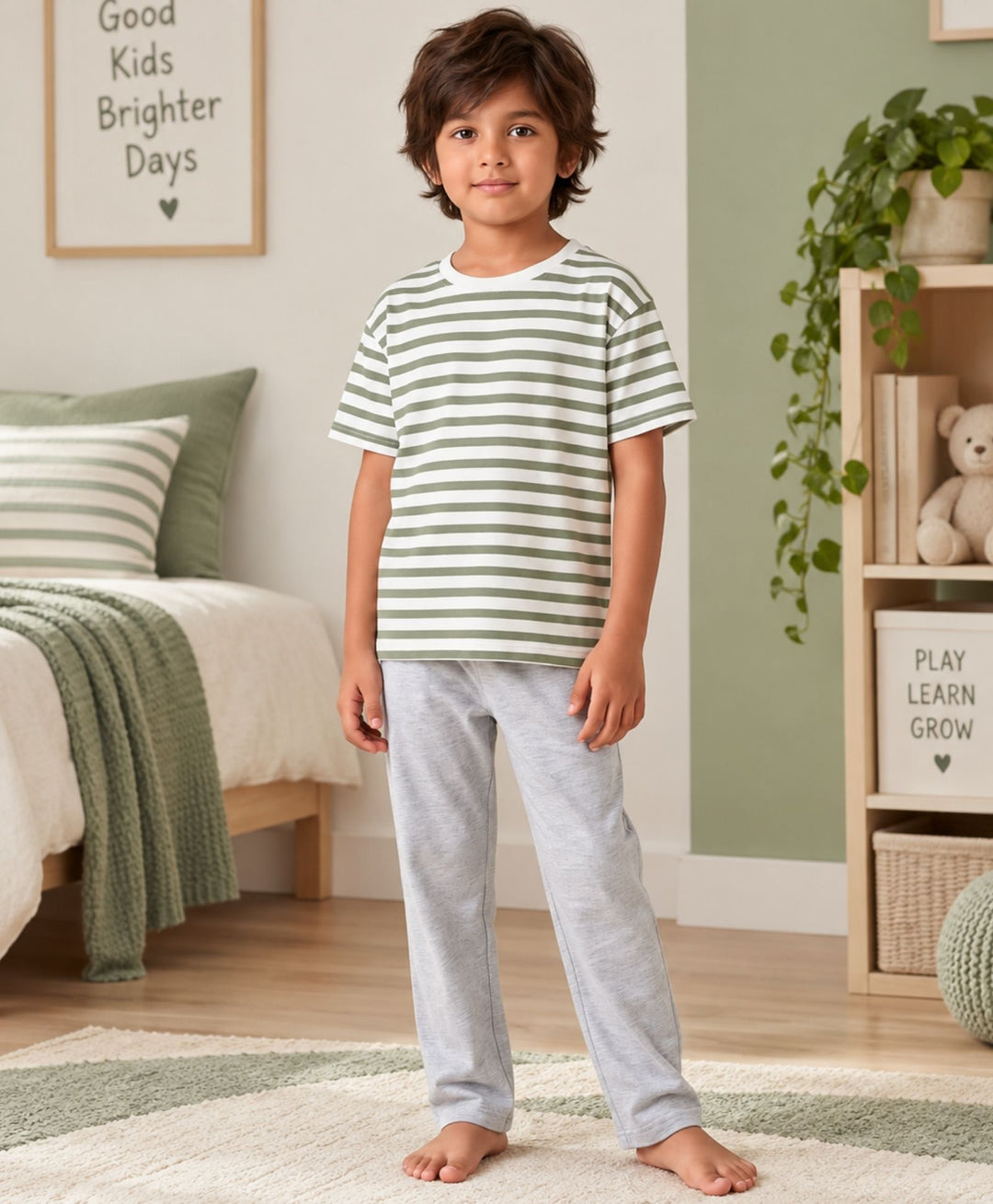 GREEN WHITE GREY MELANGE BOYS SHORT SLEEVE PYJMAA SET - GREEN/GREY