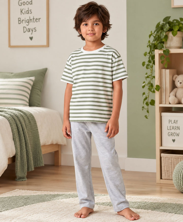 GREEN WHITE GREY MELANGE BOYS SHORT SLEEVE PYJMAA SET - GREEN/GREY