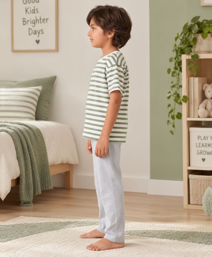 GREEN WHITE GREY MELANGE BOYS SHORT SLEEVE PYJMAA SET - GREEN/GREY