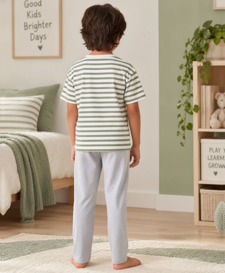 GREEN WHITE GREY MELANGE BOYS SHORT SLEEVE PYJMAA SET - GREEN/GREY
