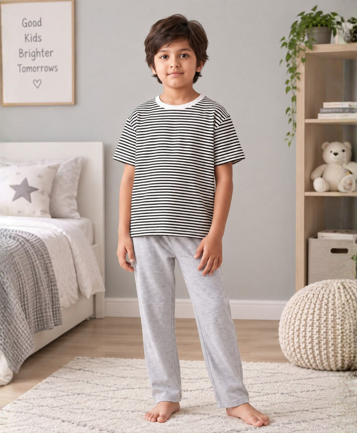 BLACK WHITE GREY MELANGE BOYS SHORT SLEEVE PYJMAA SET - BLACK/GREY