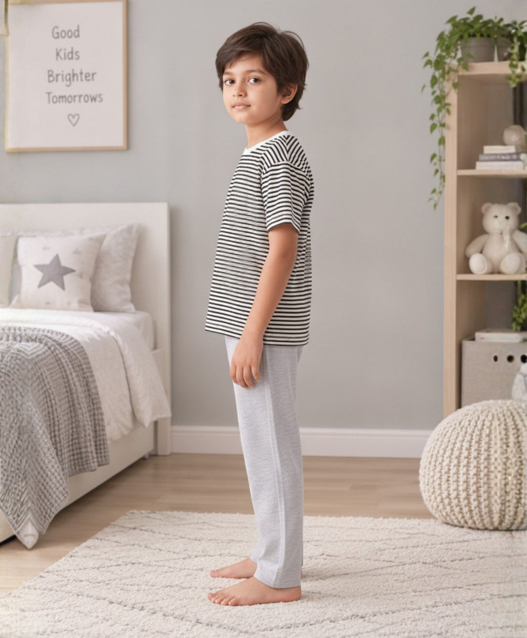 BLACK WHITE GREY MELANGE BOYS SHORT SLEEVE PYJMAA SET - BLACK/GREY