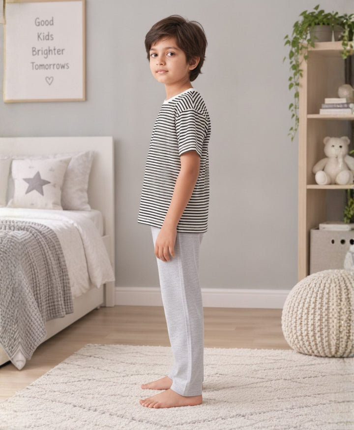 BLACK WHITE GREY MELANGE BOYS SHORT SLEEVE PYJMAA SET - BLACK/GREY
