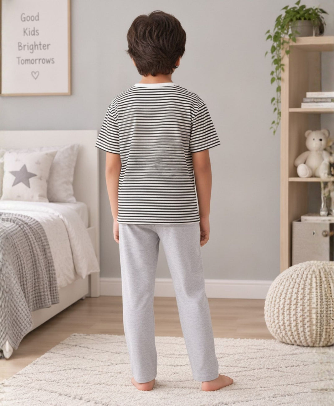 BLACK WHITE GREY MELANGE BOYS SHORT SLEEVE PYJMAA SET - BLACK/GREY