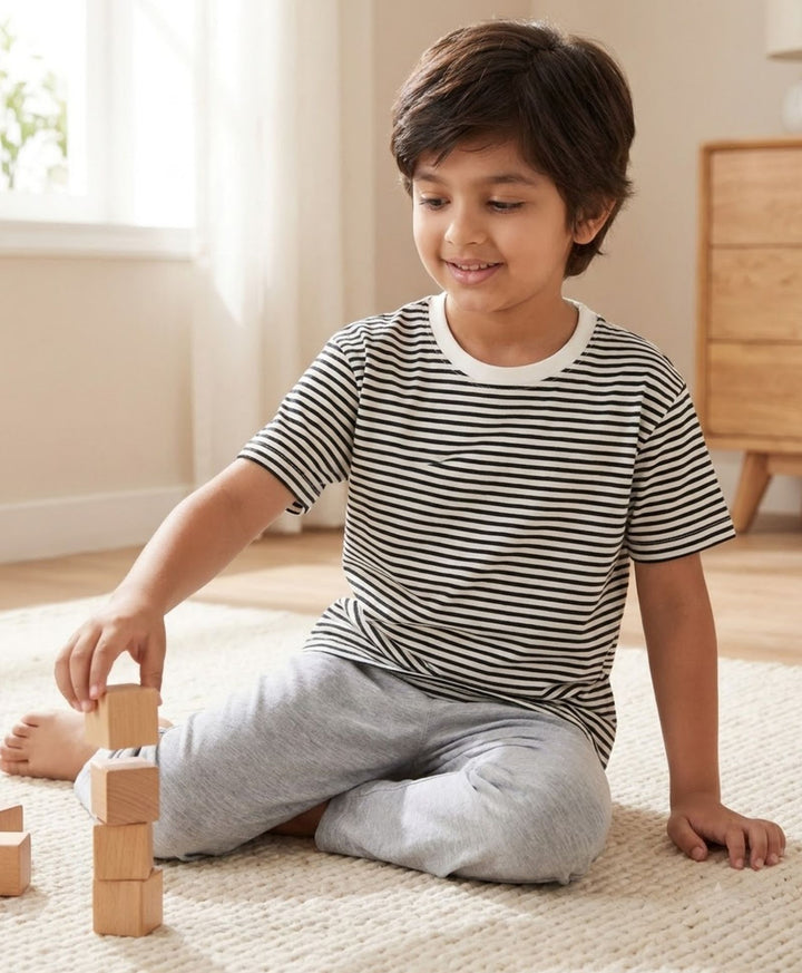 BLACK WHITE GREY MELANGE BOYS SHORT SLEEVE PYJMAA SET - BLACK/GREY