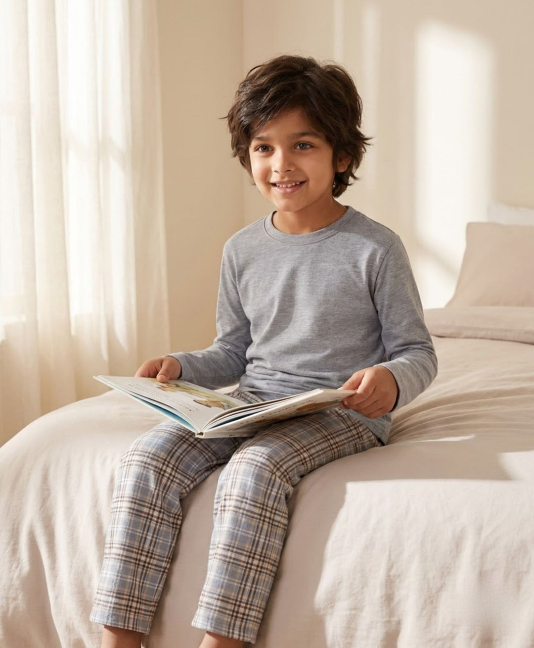 CLOUD CHECK GREY MELANGE  LONG SLEEVE PYJAMA SET - GREY/BLUE
