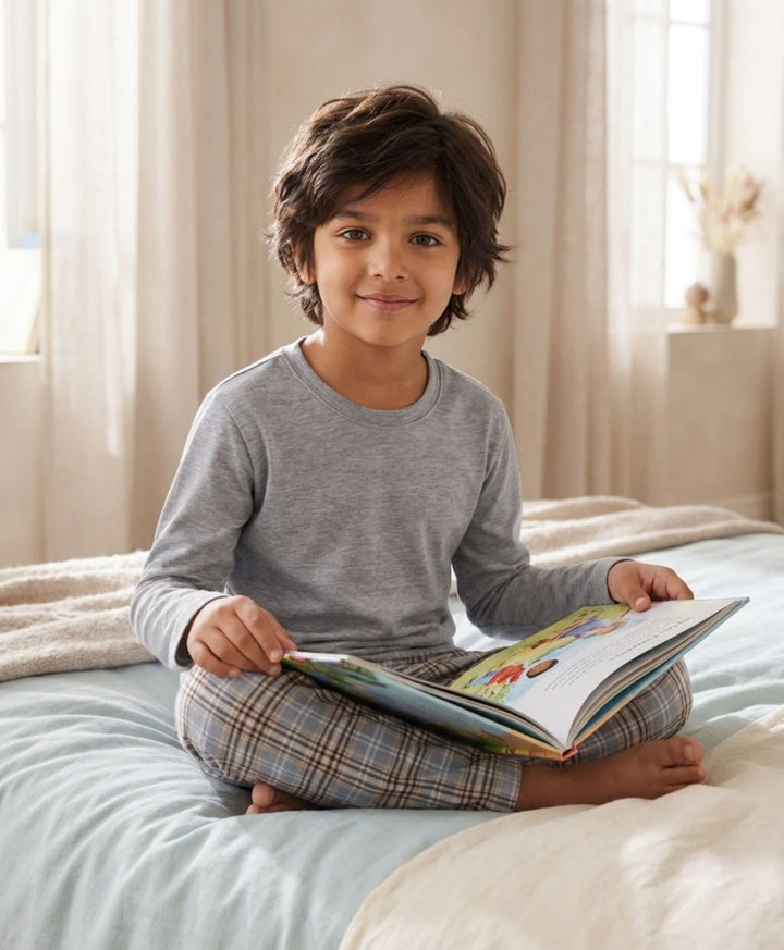 CLOUD CHECK GREY MELANGE  LONG SLEEVE PYJAMA SET - GREY/BLUE