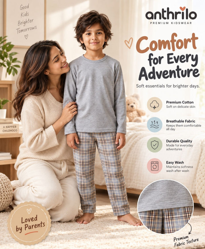 CLOUD CHECK GREY MELANGE  LONG SLEEVE PYJAMA SET - GREY/BLUE