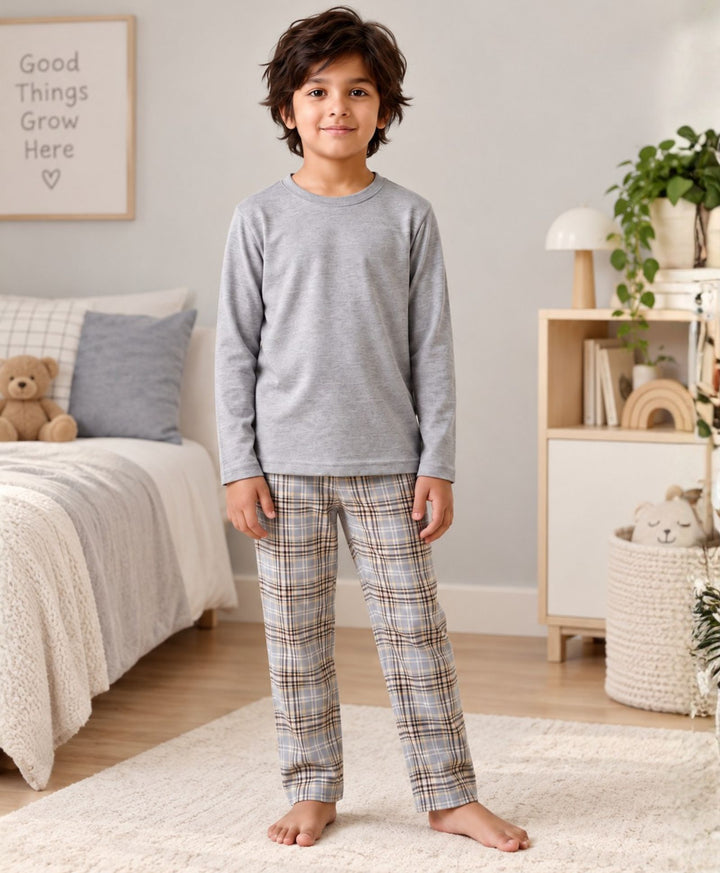 CLOUD CHECK GREY MELANGE  LONG SLEEVE PYJAMA SET - GREY/BLUE