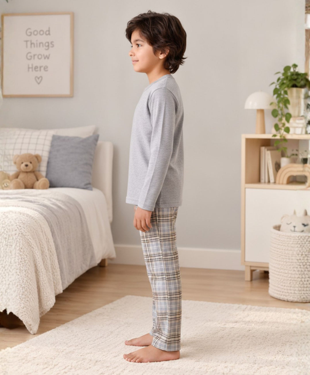 CLOUD CHECK GREY MELANGE  LONG SLEEVE PYJAMA SET - GREY/BLUE