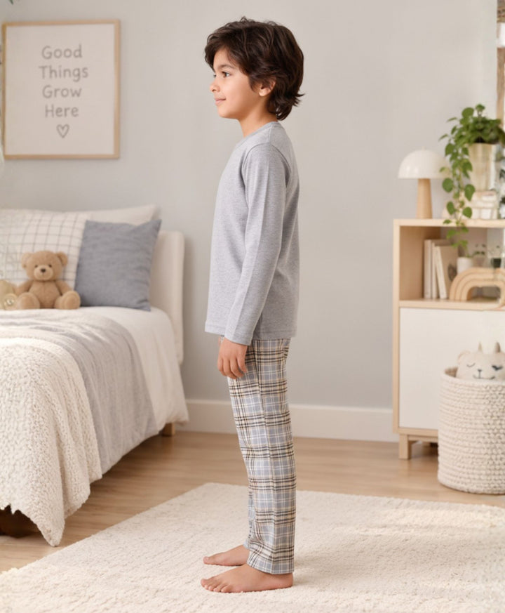CLOUD CHECK GREY MELANGE  LONG SLEEVE PYJAMA SET - GREY/BLUE