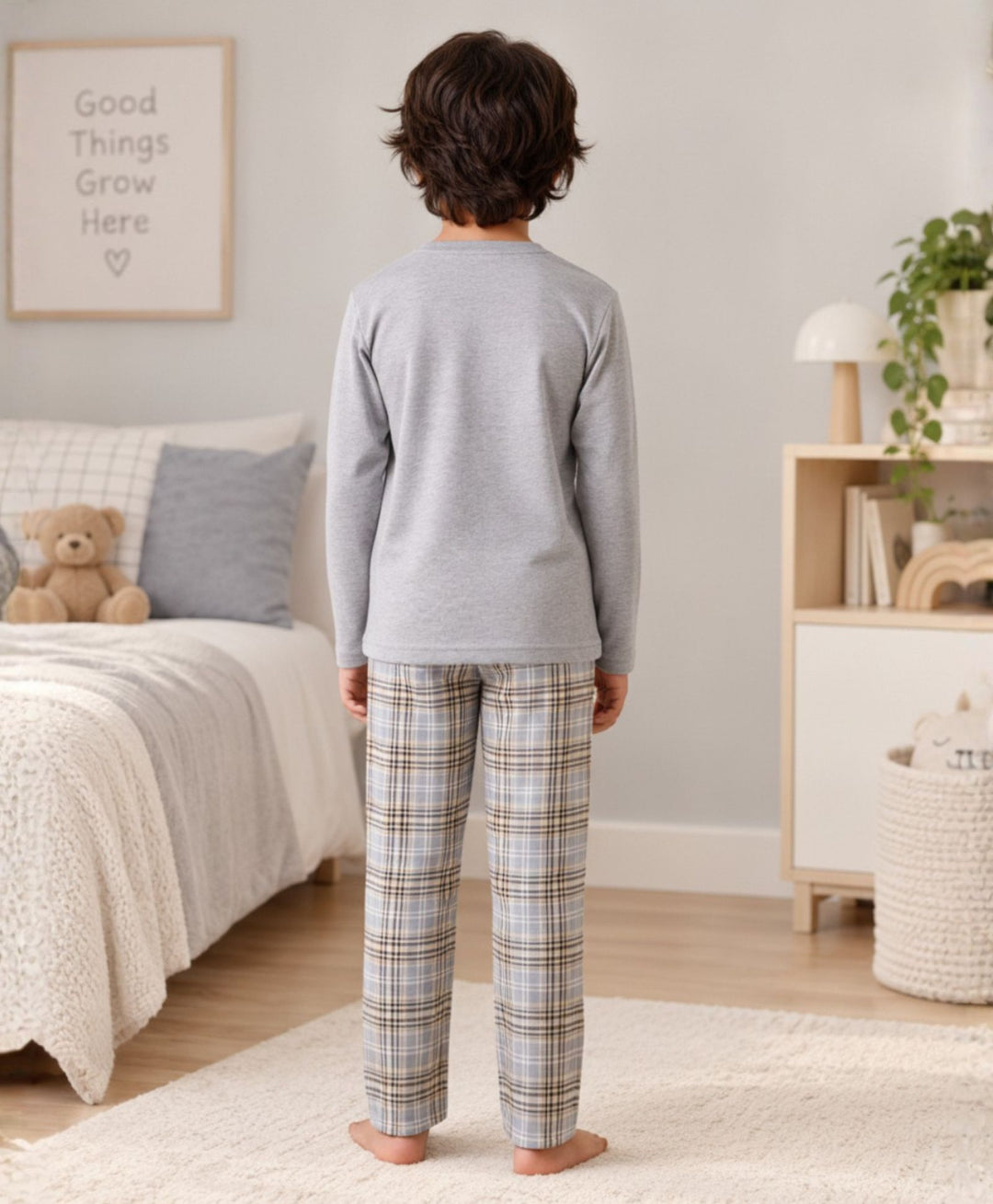 CLOUD CHECK GREY MELANGE  LONG SLEEVE PYJAMA SET - GREY/BLUE