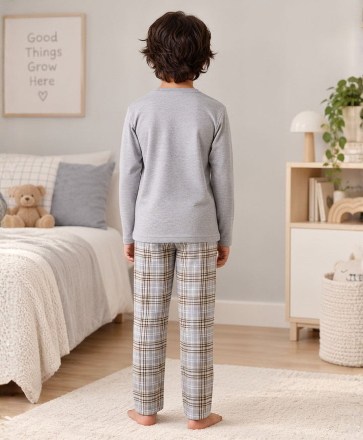 CLOUD CHECK GREY MELANGE  LONG SLEEVE PYJAMA SET - GREY/BLUE