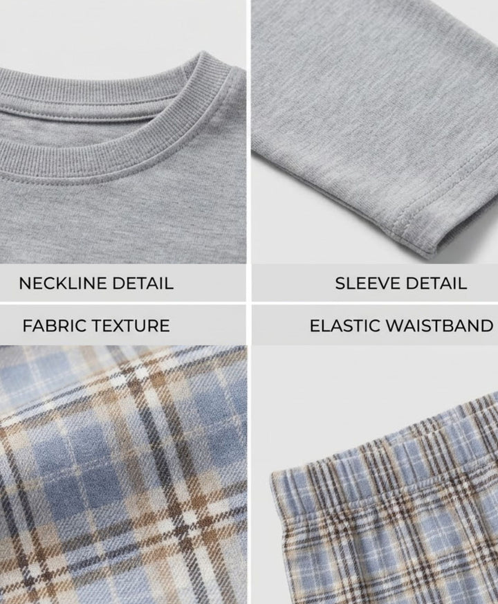 CLOUD CHECK GREY MELANGE  LONG SLEEVE PYJAMA SET - GREY/BLUE