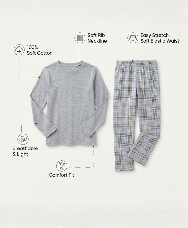 CLOUD CHECK GREY MELANGE  LONG SLEEVE PYJAMA SET - GREY/BLUE
