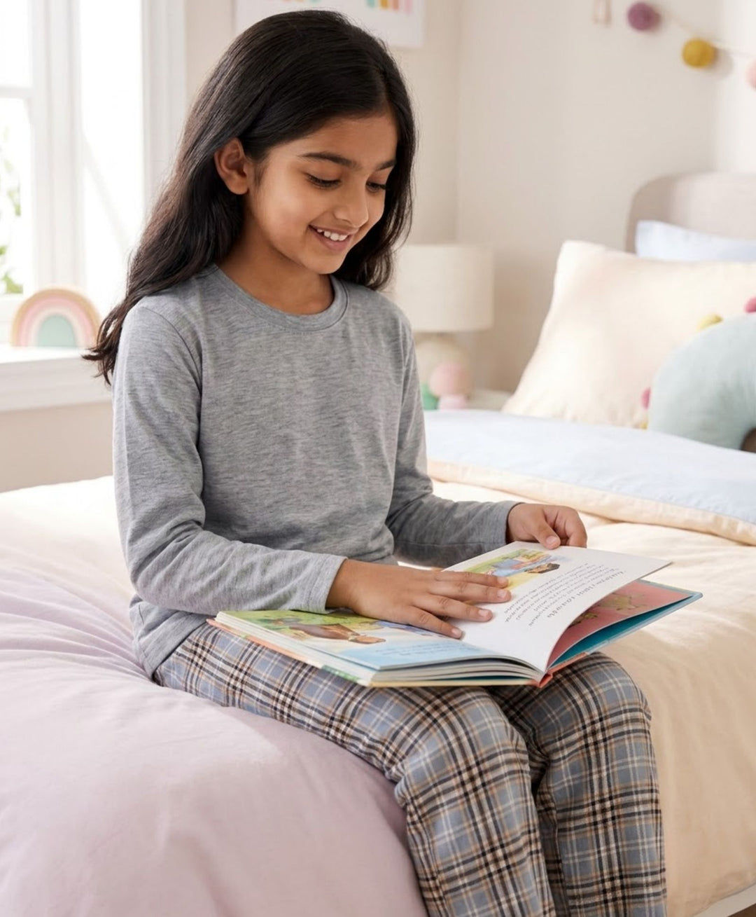 CLOUD CHECK GREY MELANGE  GIRLS LONG SLEEVE PYJAMA SET - GREY/BLUE