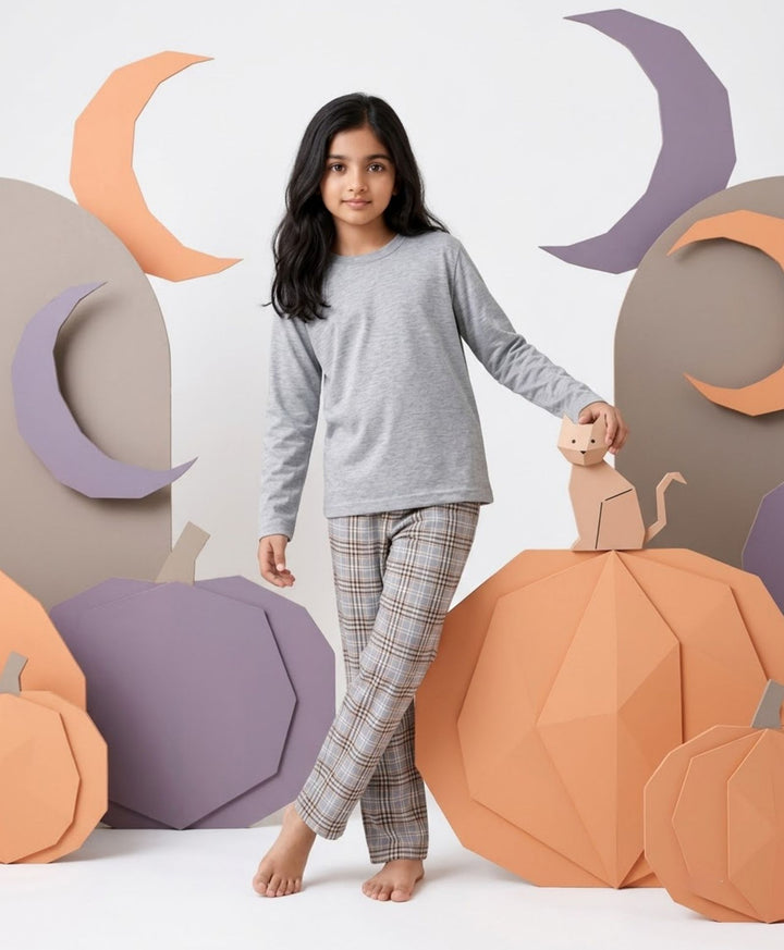 CLOUD CHECK GREY MELANGE  GIRLS LONG SLEEVE PYJAMA SET - GREY/BLUE