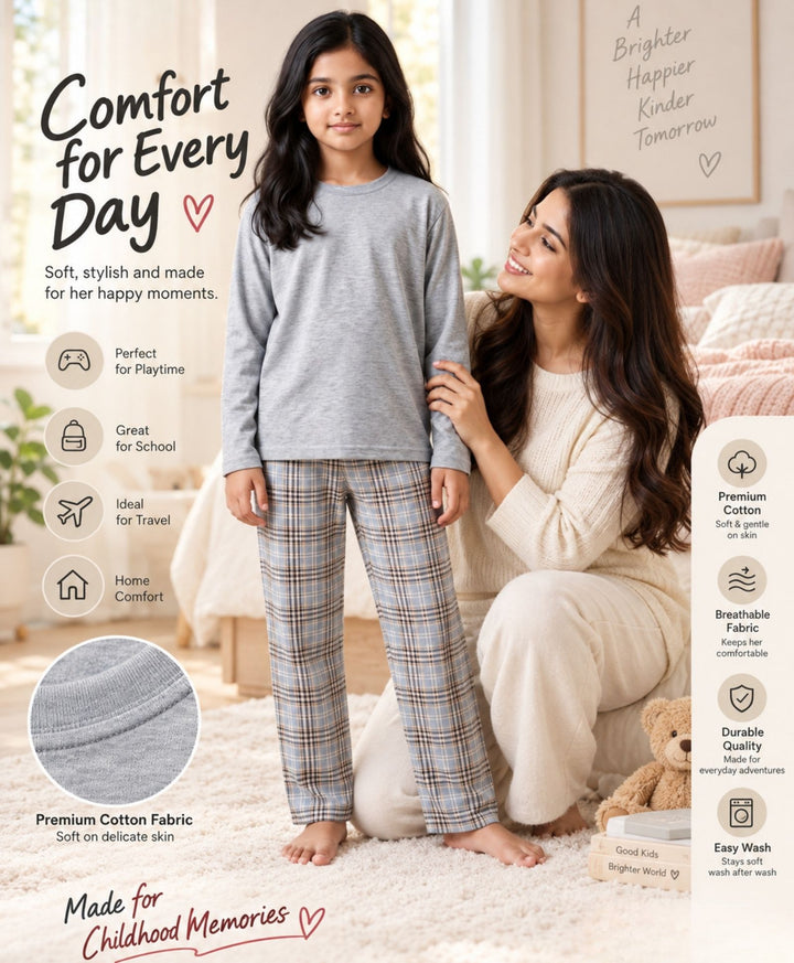 CLOUD CHECK GREY MELANGE  GIRLS LONG SLEEVE PYJAMA SET - GREY/BLUE