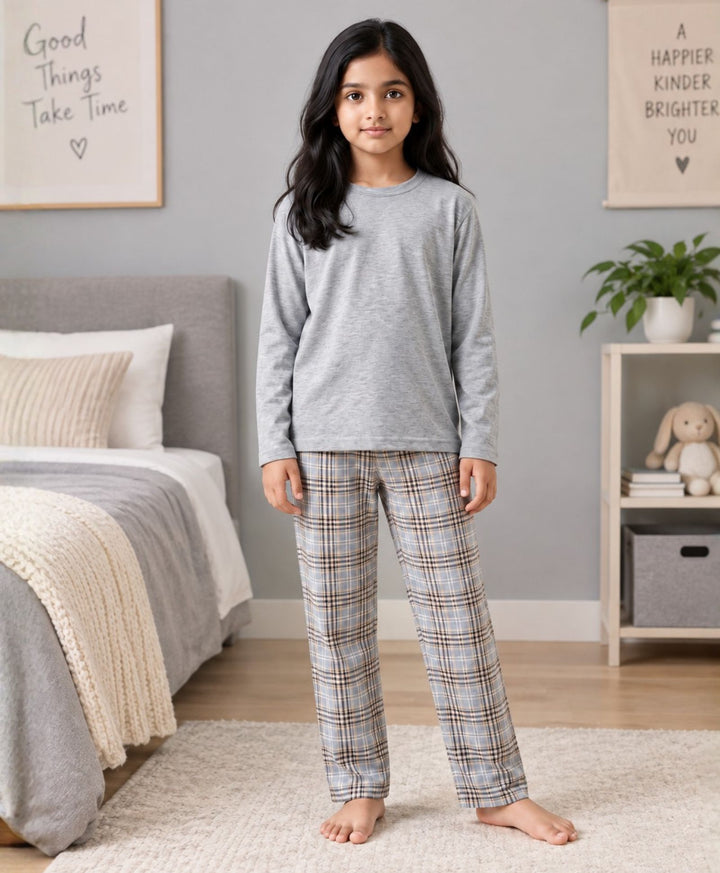 CLOUD CHECK GREY MELANGE  GIRLS LONG SLEEVE PYJAMA SET - GREY/BLUE