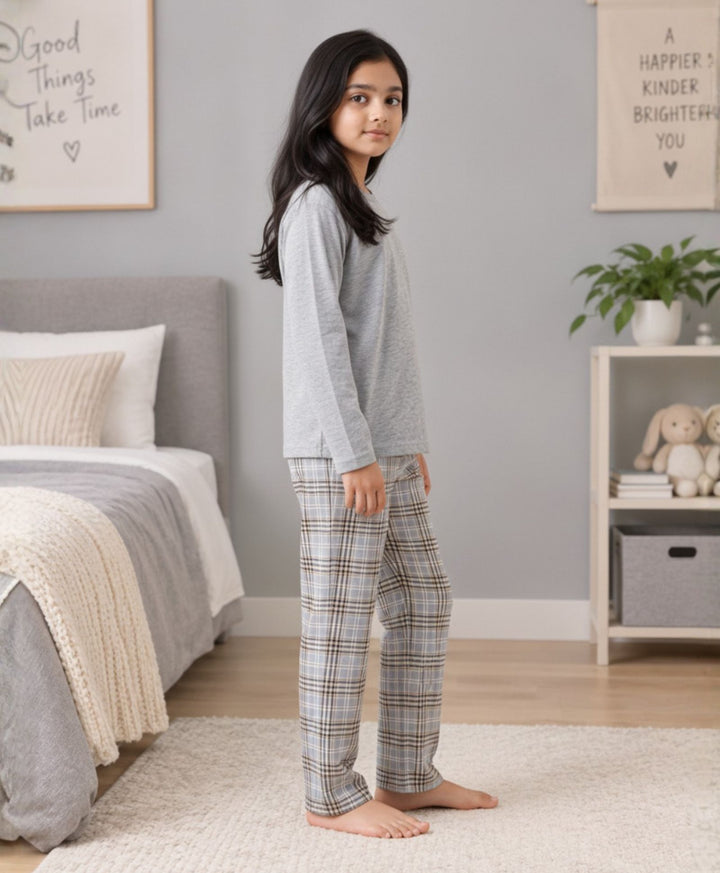 CLOUD CHECK GREY MELANGE  GIRLS LONG SLEEVE PYJAMA SET - GREY/BLUE