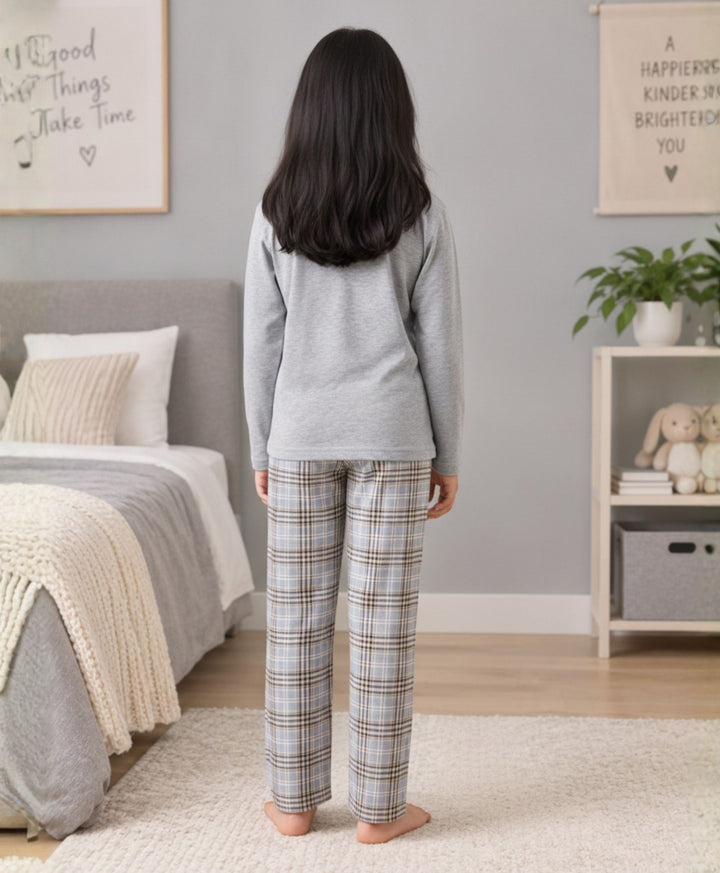 CLOUD CHECK GREY MELANGE  GIRLS LONG SLEEVE PYJAMA SET - GREY/BLUE