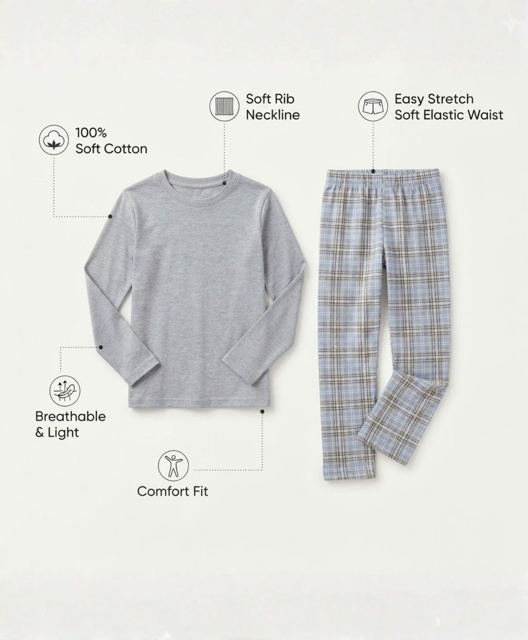 CLOUD CHECK GREY MELANGE  GIRLS LONG SLEEVE PYJAMA SET - GREY/BLUE