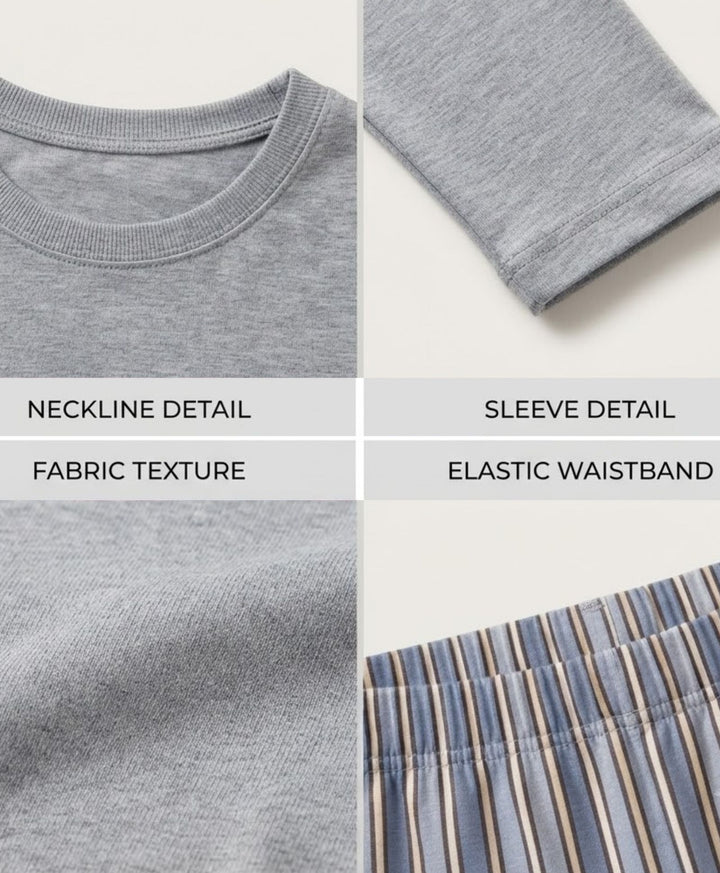 CANDY STRIPE GREY MELANGE LONG SLEEVE PYJAMA SET - GREY/BLUE