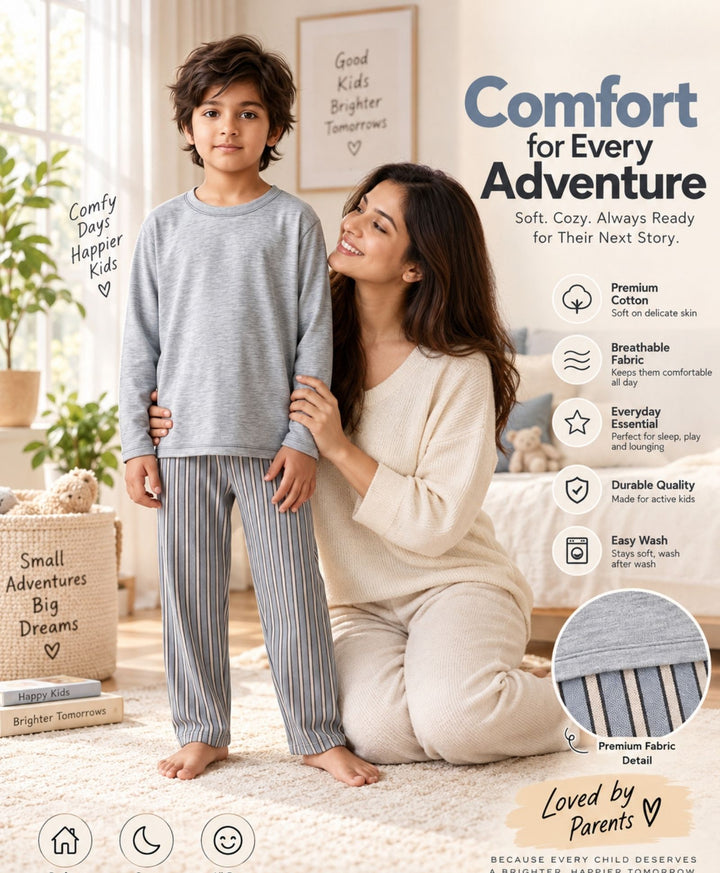 CANDY STRIPE GREY MELANGE LONG SLEEVE PYJAMA SET - GREY/BLUE