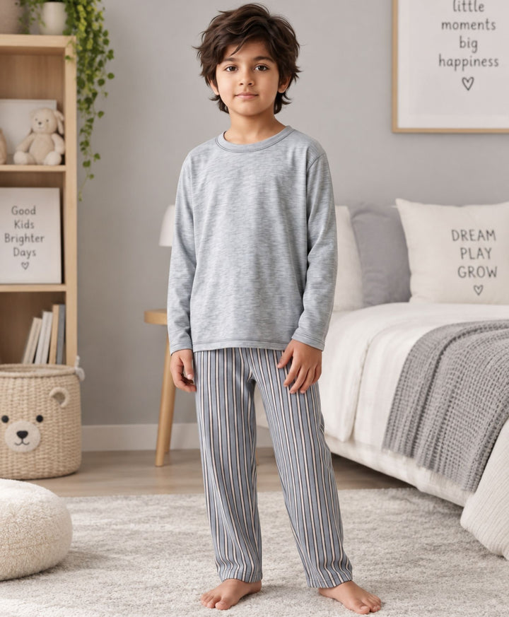 CANDY STRIPE GREY MELANGE LONG SLEEVE PYJAMA SET - GREY/BLUE