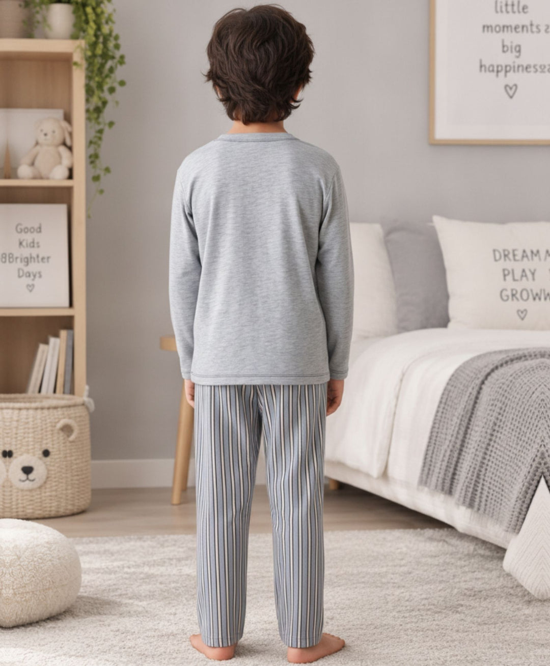 CANDY STRIPE GREY MELANGE LONG SLEEVE PYJAMA SET - GREY/BLUE