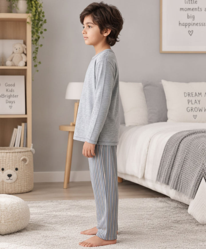 CANDY STRIPE GREY MELANGE LONG SLEEVE PYJAMA SET - GREY/BLUE