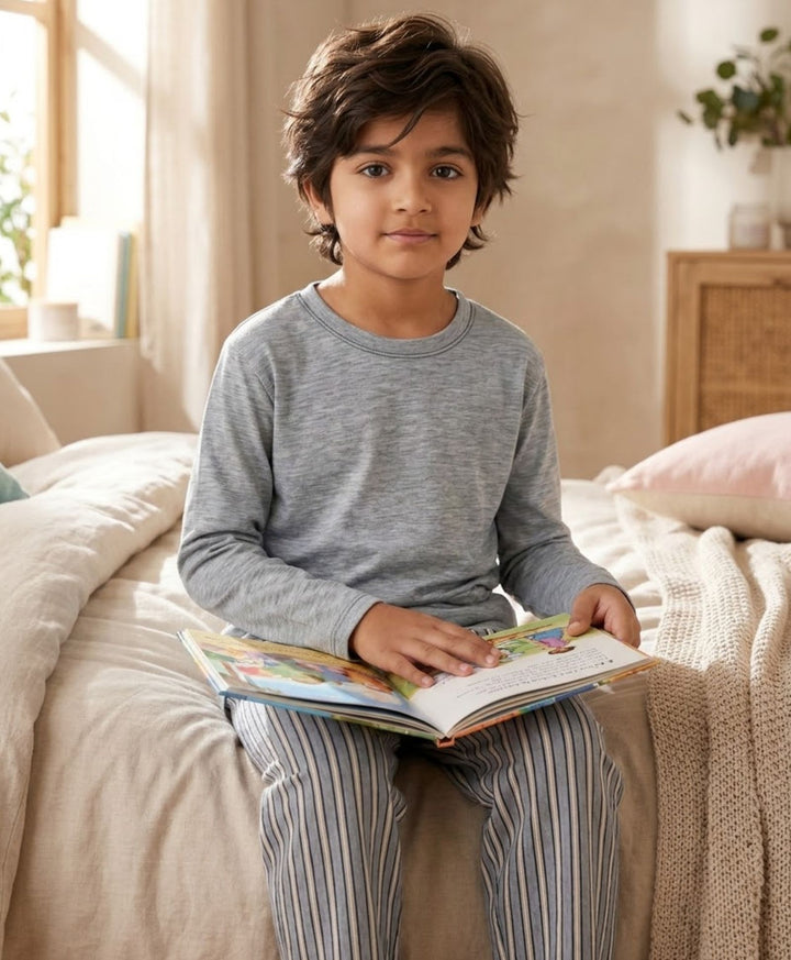 CANDY STRIPE GREY MELANGE LONG SLEEVE PYJAMA SET - GREY/BLUE