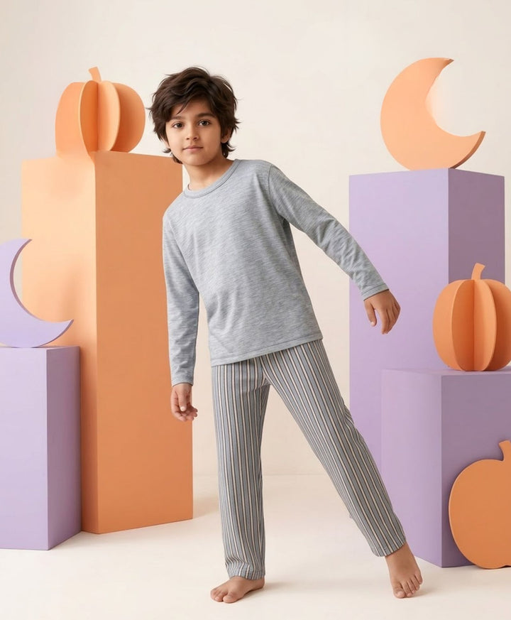 CANDY STRIPE GREY MELANGE LONG SLEEVE PYJAMA SET - GREY/BLUE