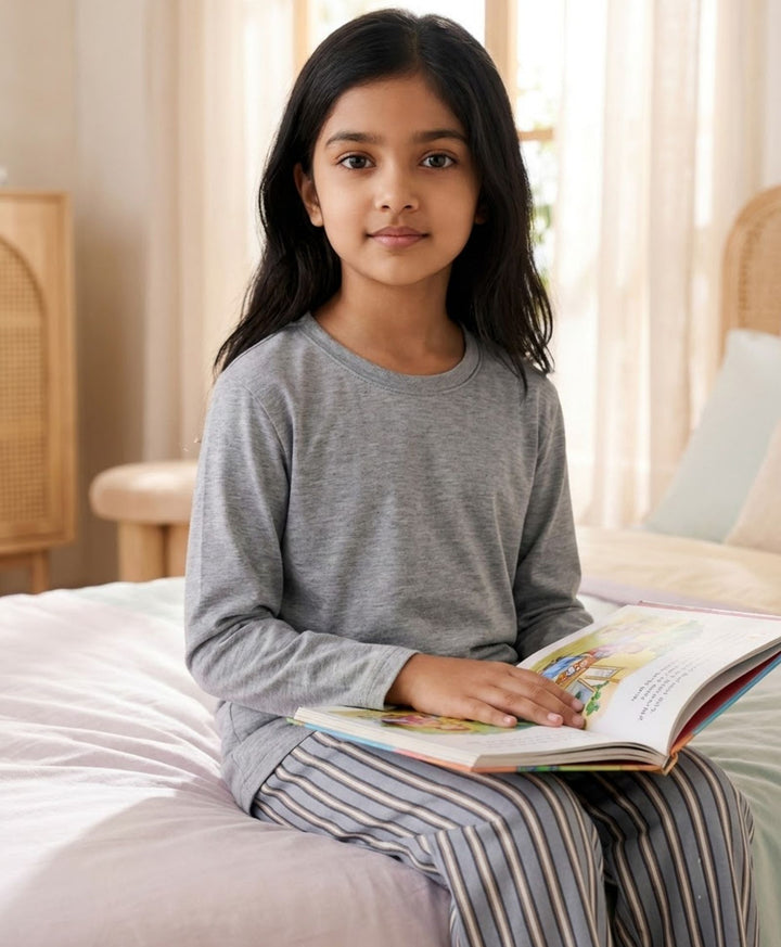 CANDY STRIPE GREY MELANGE GIRLS LONG SLEEVE PYJAMA SET - GREY/BLUE